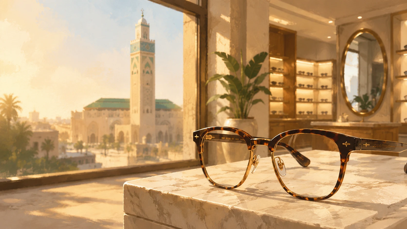 Monture dans une boutique avec vue sur Casablanca